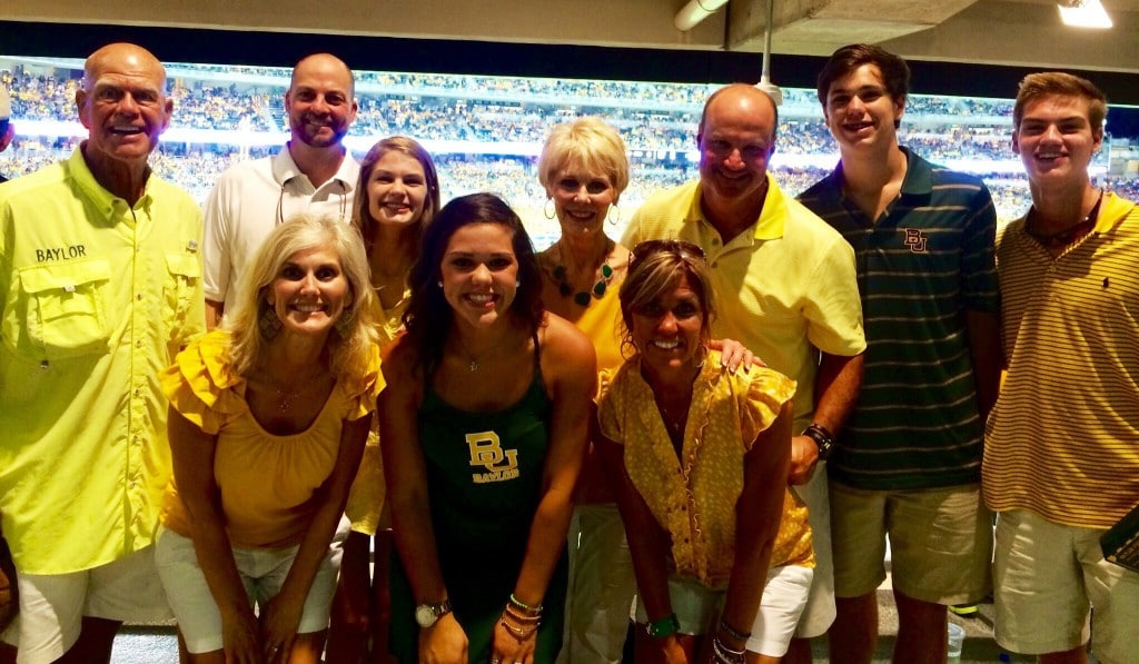 14 members of the Small Family -- all Baylor grads -- have season tickets in Section 110 at McLane, including from left in the front row: 